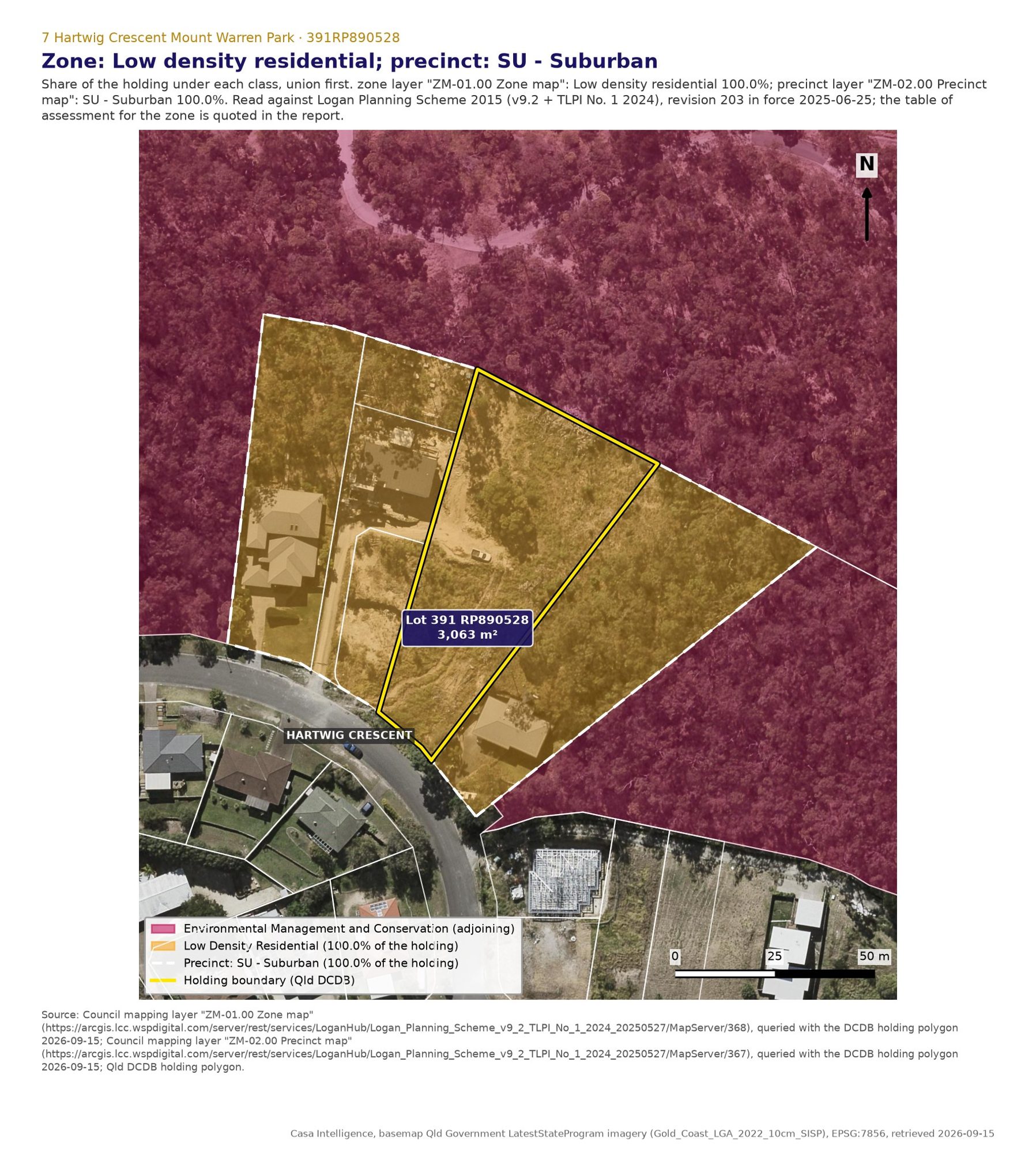Zone and precinct: Low density residential, Suburban precinct, over 100% of the lot. The zone table lists a dwelling house as accepted development; the precinct sets the 50% site cover maximum and the 10 m height maximum that applies on slopes of 15% or more. The land immediately behind is Council's Environmental management and conservation zone.