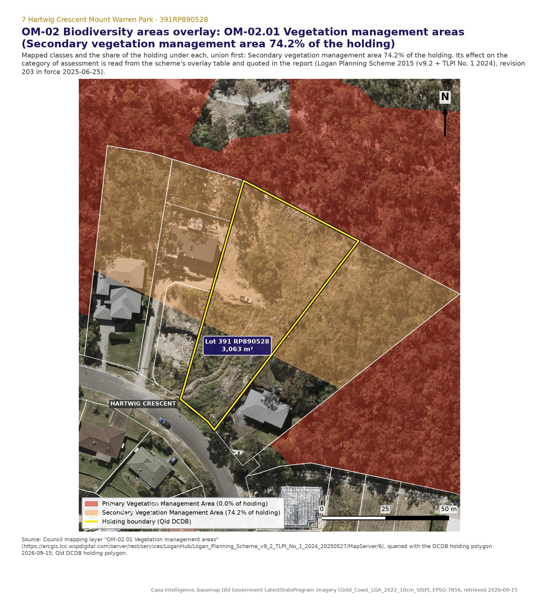 Vegetation management areas. The secondary area covers 74.2% of the lot, the rear and upper part; the front 25.8% is outside it. Inside it, and outside an approved envelope, the acceptable outcome asks a house to avoid clearing any native tree or native habitat tree.