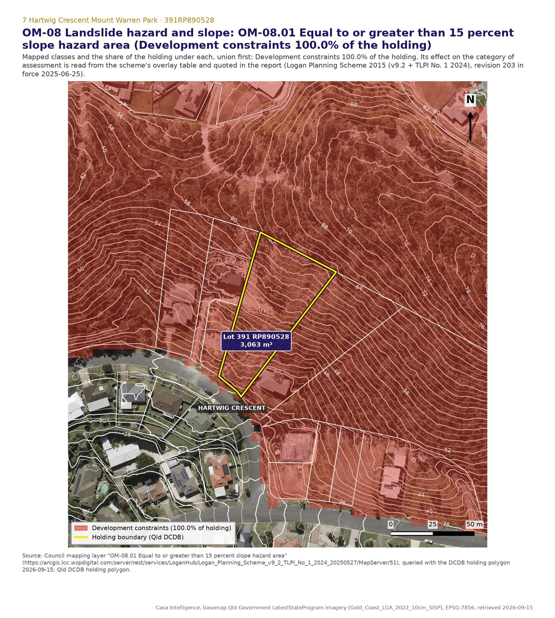 Steep slope area, 15% and over, across 100% of the lot. No change to the category for a house; it triggers the acceptable outcome that requires a site specific geotechnical report certified by an engineer wherever the gradient is 12% or more.