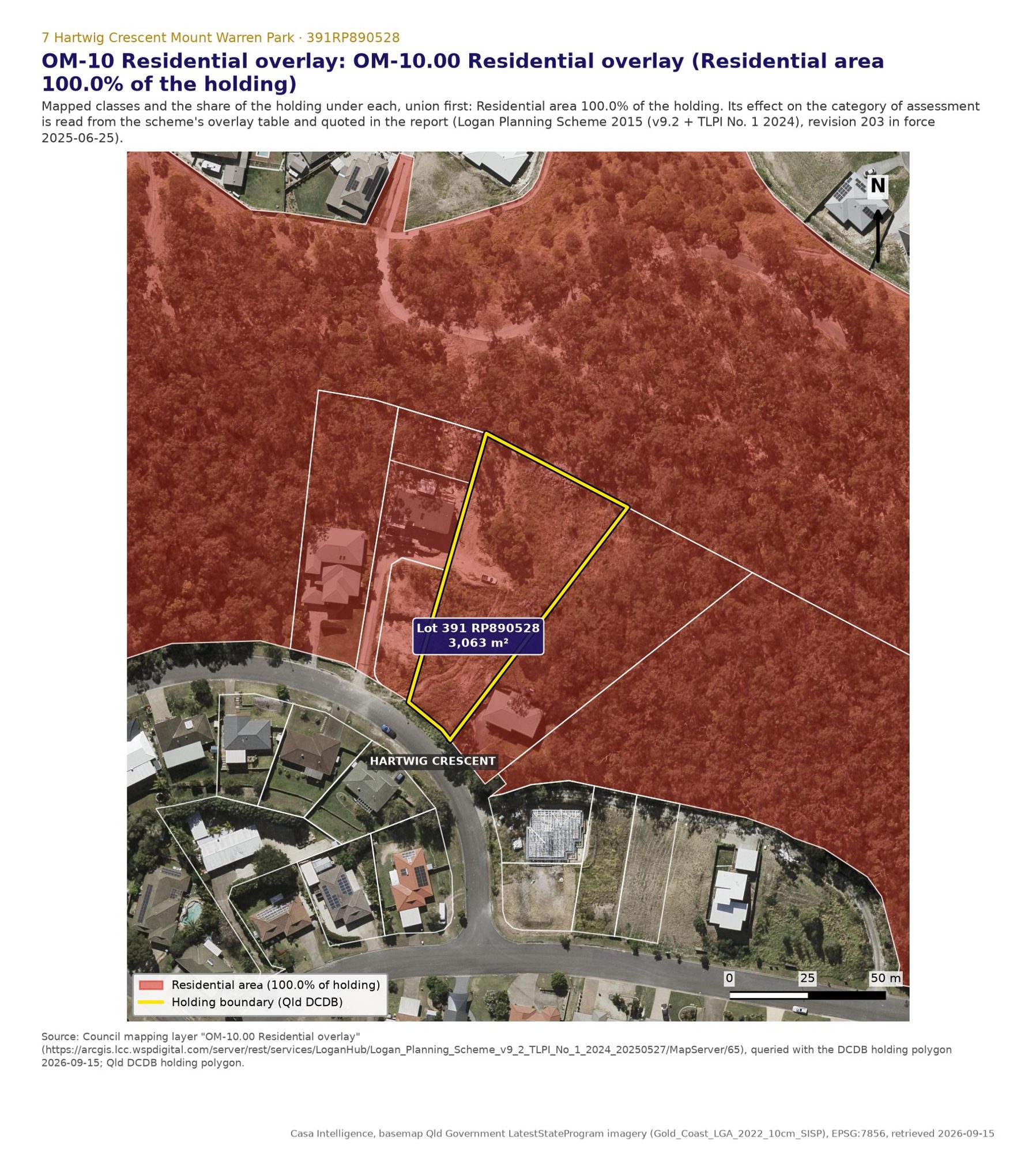 Residential overlay, 100% of the lot. This is the layer that makes a house accepted development subject to the requirements of section 9.3.2 rather than accepted outright (rule 23329).