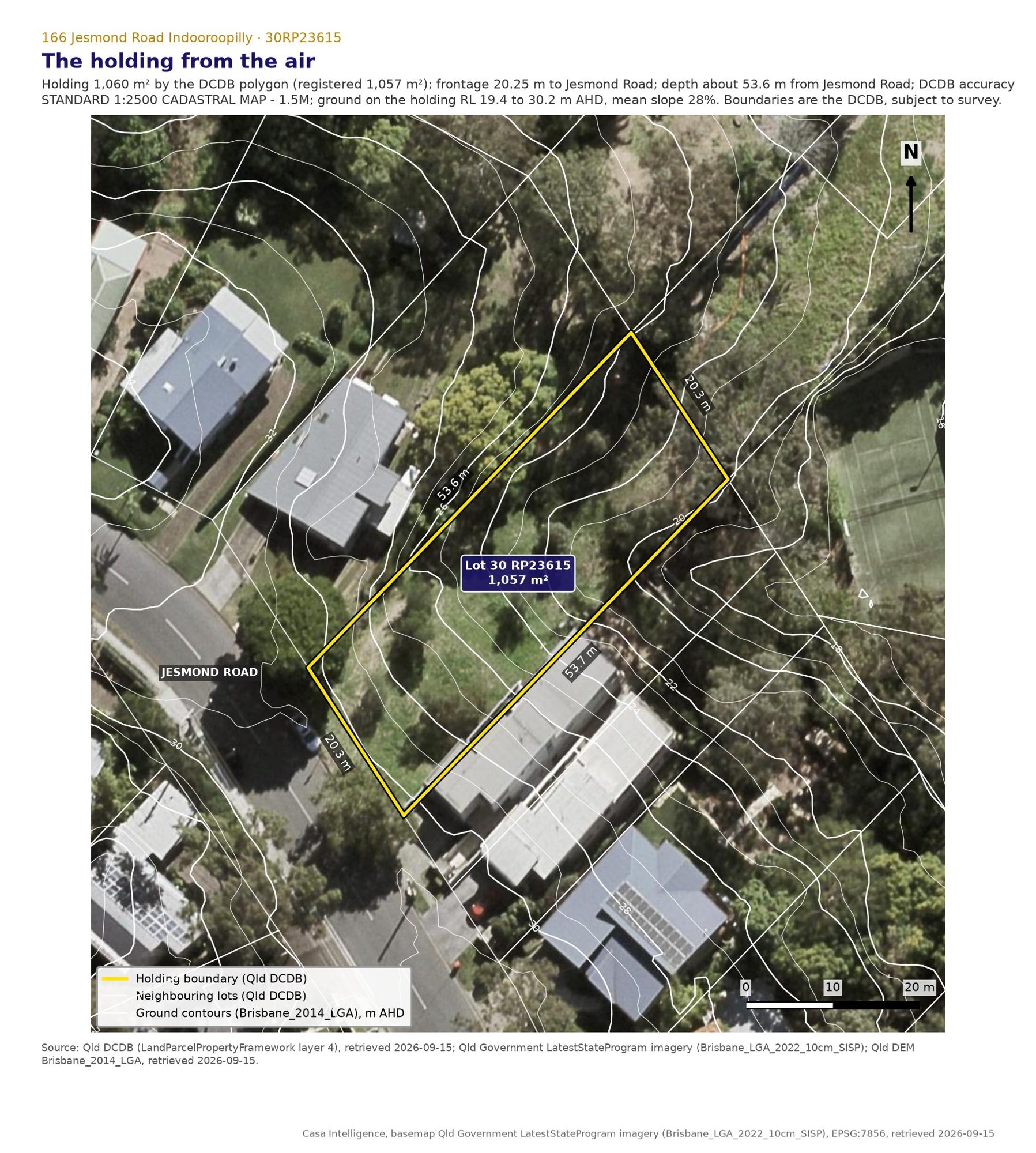 The lot from the air with the State cadastral boundary and half metre ground contours. Registered area 1,057 m2, frontage 20.25 m to Jesmond Road, depth about 53.58 m, ground falling 10.88 m from RL 30.25 at the street to RL 19.37 m AHD at the low corner.