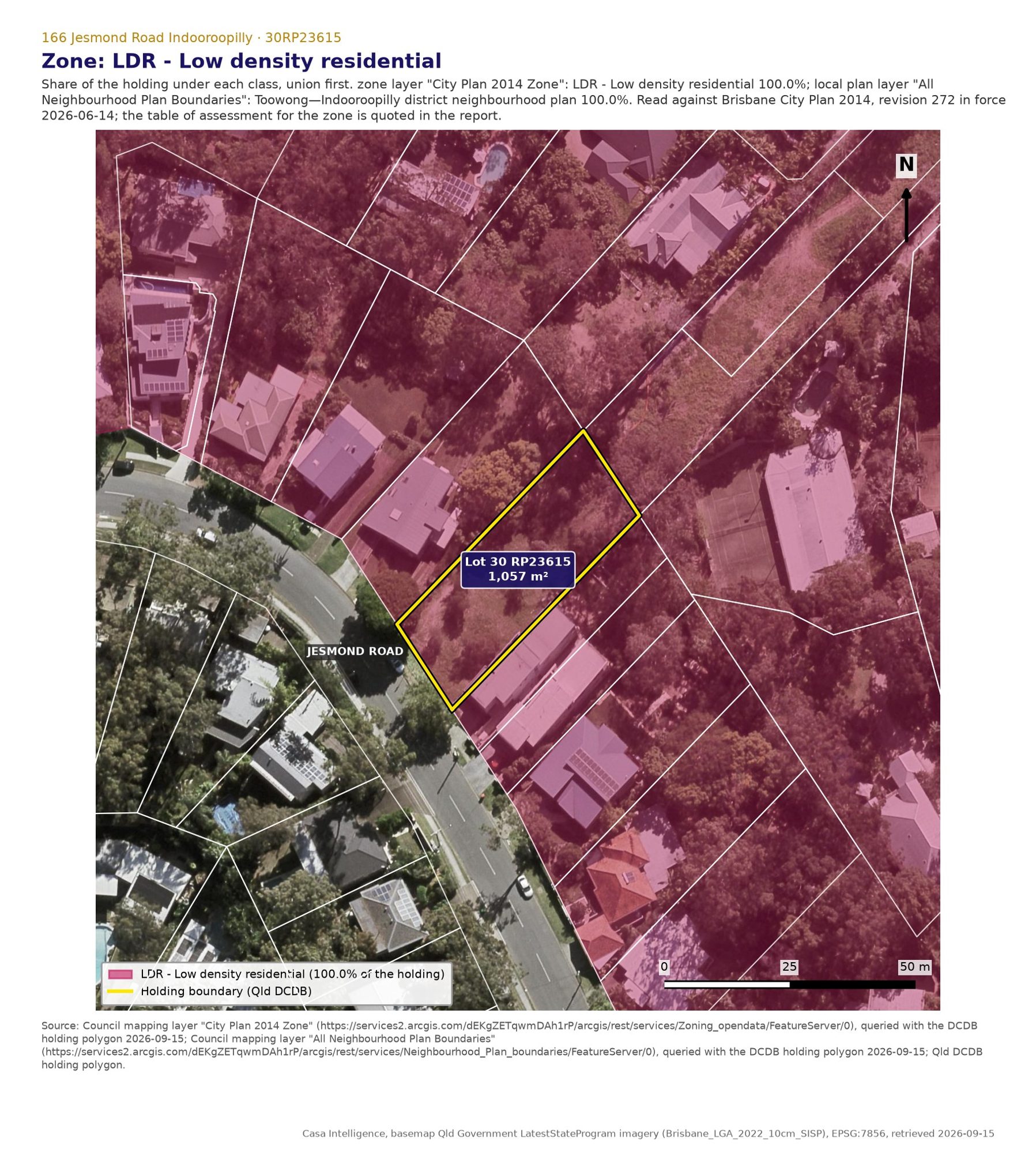 Zone and local plan. The whole lot is in the Low density residential zone with no precinct, and the whole lot is in the Toowong to Indooroopilly district neighbourhood plan, which makes no change to any category of assessment (rule 18275, rule 18281). Queried with the lot boundary on 2026-09-15.