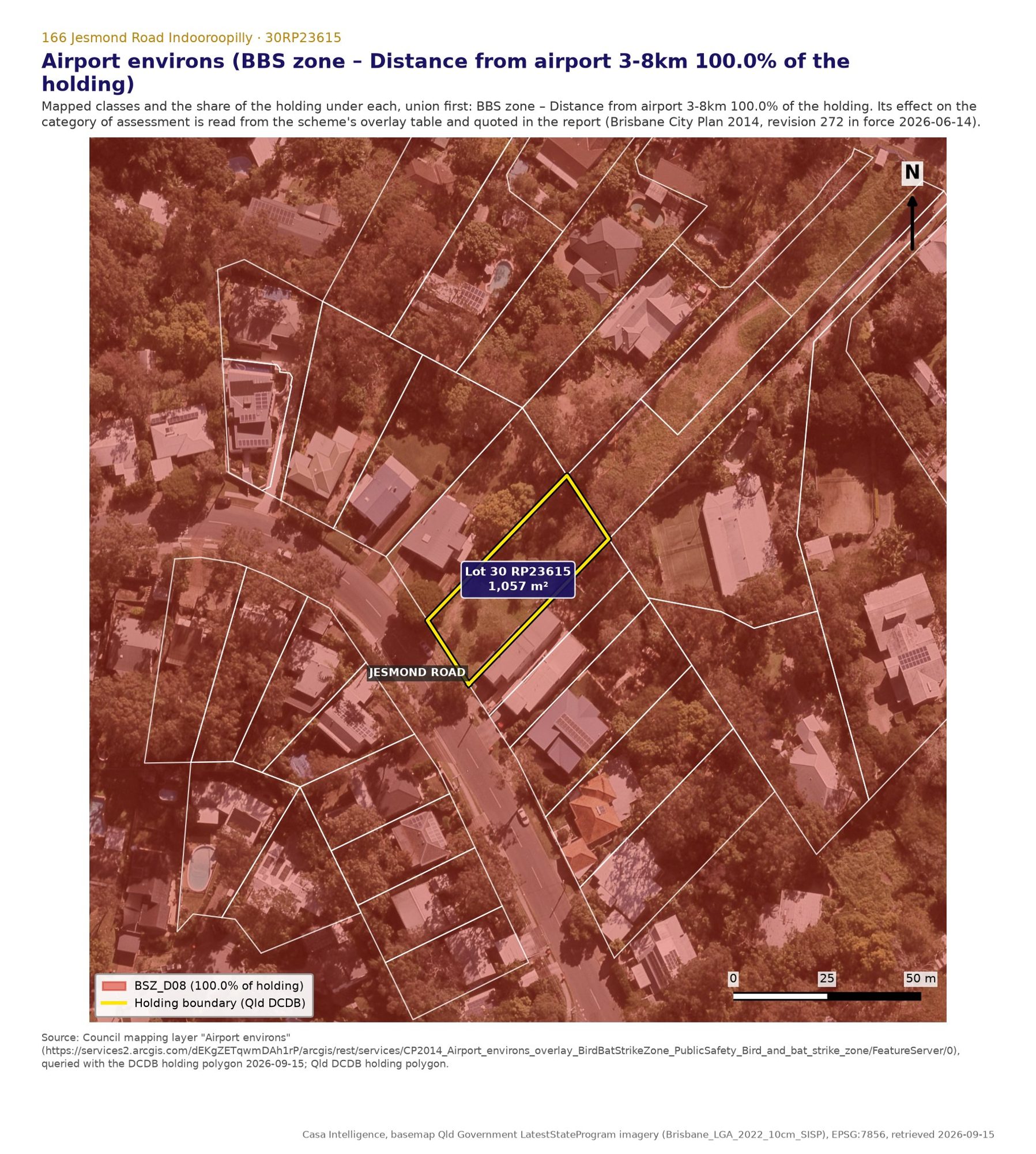 Airport environs, bird and bat strike zone 3 to 8 km from the airport, over 100% of the lot. For a new dwelling house the table gives no trigger at all (rule 7507); other uses that are already assessable pick up the Airport environs overlay code.