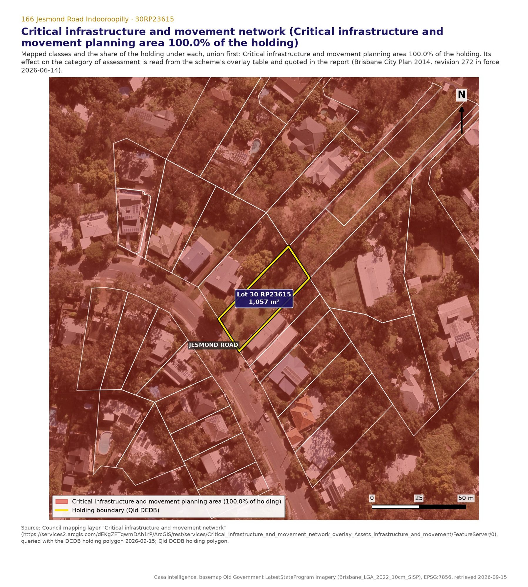 Critical infrastructure and movement network planning area, over 100% of the lot. The overlay's trigger list names air services, detention facilities, emergency services, residential care and utility installations; no ordinary residential use is listed, so nothing in this report is changed by it (rule 13077).