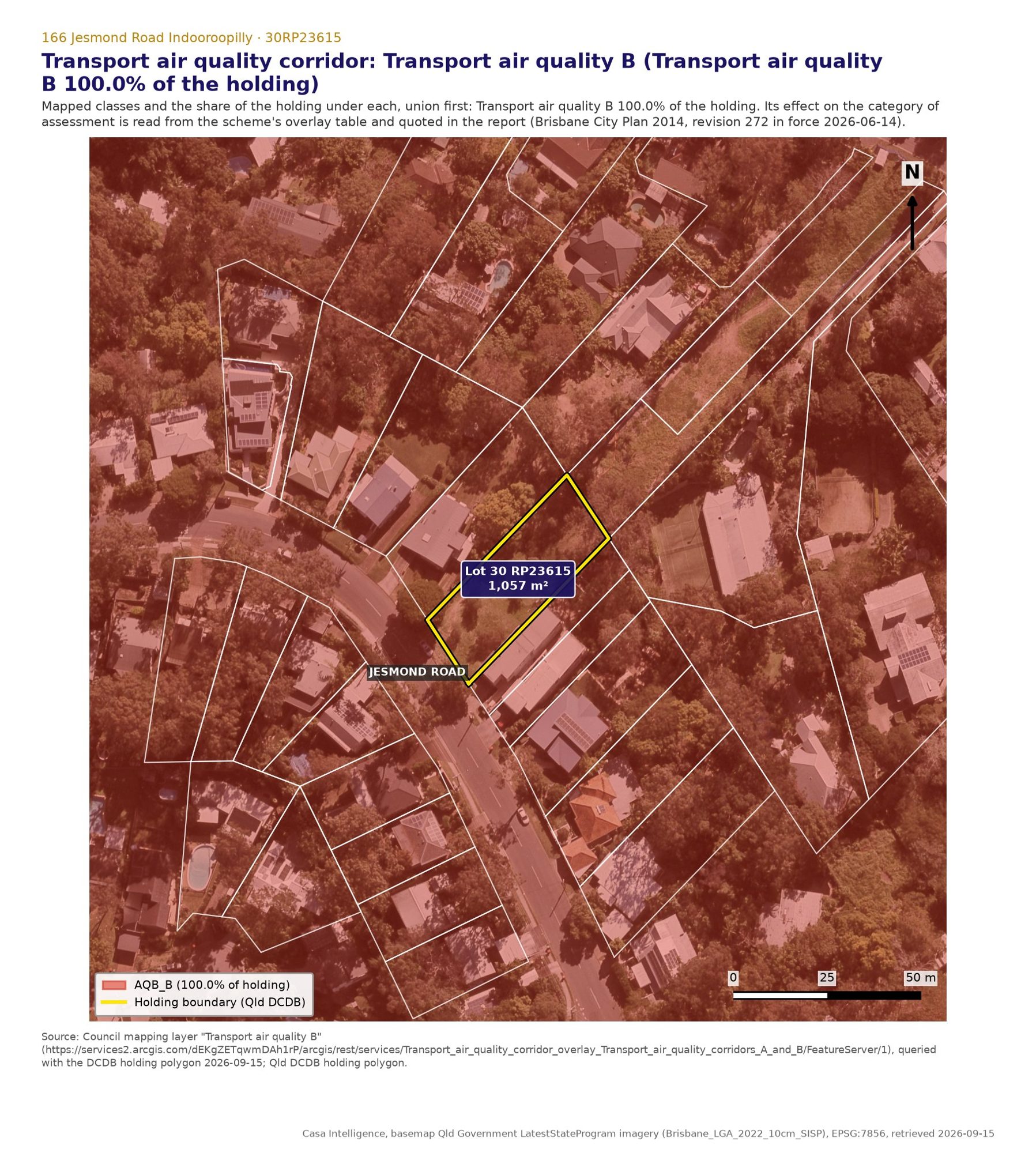 Transport air quality corridor B, over 100% of the lot. It does not apply to accepted development (rule 13504); where a use is already assessable it adds section B of the Transport air quality corridor overlay code, and it cannot lower an impact assessable use to code assessment (rule 38214). The nearest state controlled road is the Centenary Motorway corridor 413.7 m (CENTENARY MOTORWAY CYCLEWAY).