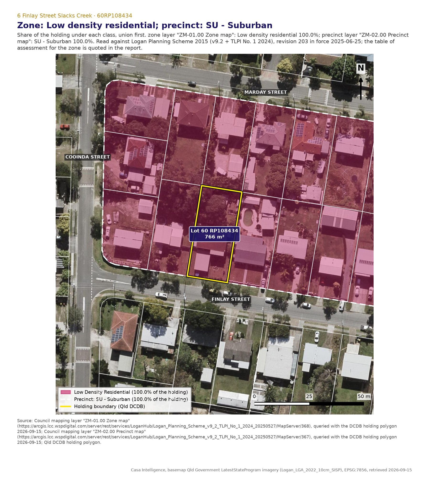 Zone and precinct read from Council's mapping against this lot's polygon: Low density residential over 100.0 per cent of the holding, precinct SU - Suburban over 100.0 per cent. The zone sets the category of assessment in Table 5.5.5.1; the precinct sets the lot size and density numbers that decide the dual occupancy and subdivision pathways.