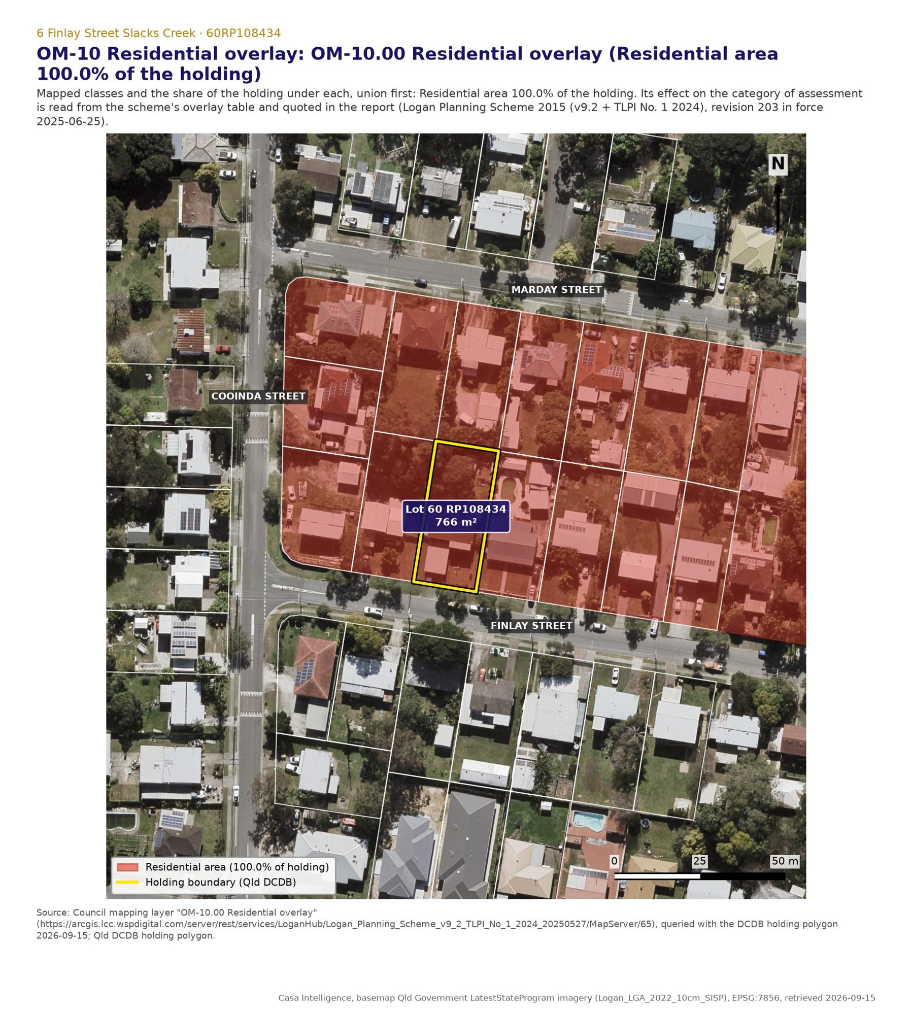 OM-10.00 Residential overlay, the only Schedule 2 overlay that touches the lot: the class "Residential area" covers 100.0 per cent of the holding. The overlay has no code of its own. Its effect is on the category of assessment: through Table 5.10.10.1 (rule 23329) it makes a Dwelling house, and a class 10 structure for one, accepted development subject to the acceptable outcomes of the 9.3.2 code rather than accepted outright.
