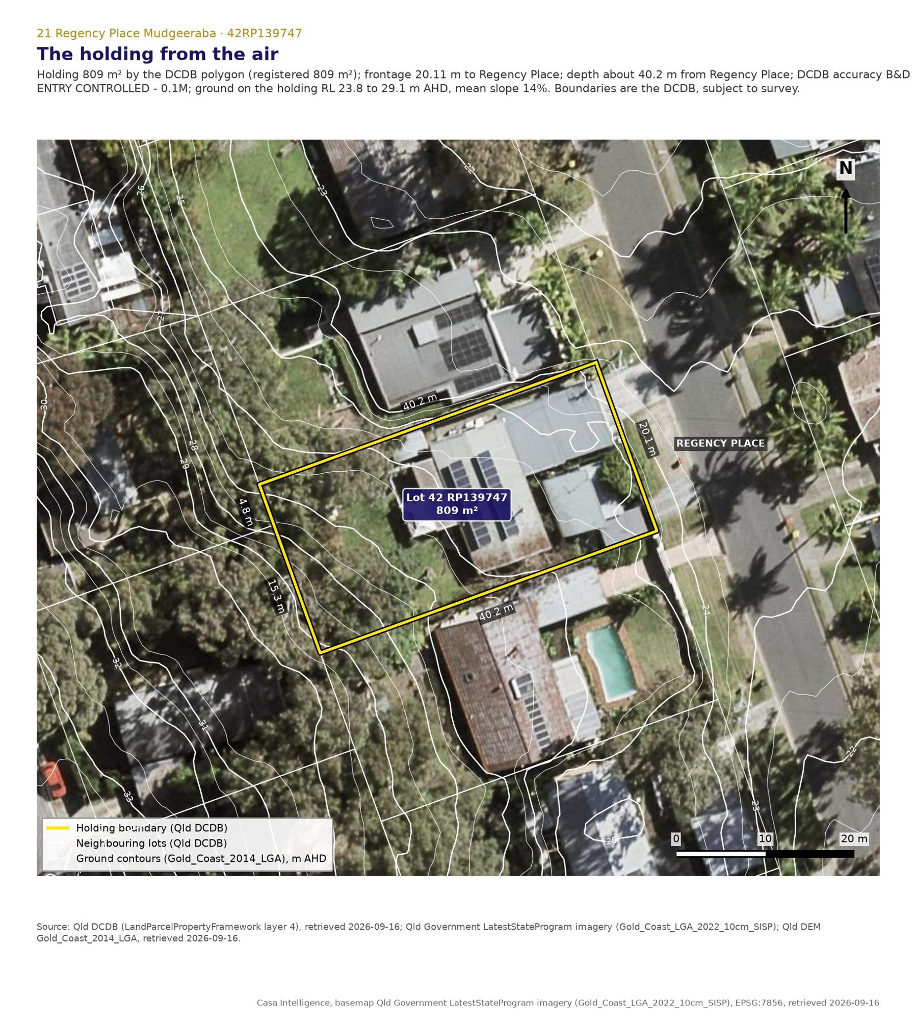 The holding from the air. The lot is 809 m2 with 20.11 m to Regency Place and a depth of about 40.2 m; the rear third carries mature canopy, which is what the bushfire buffer follows.