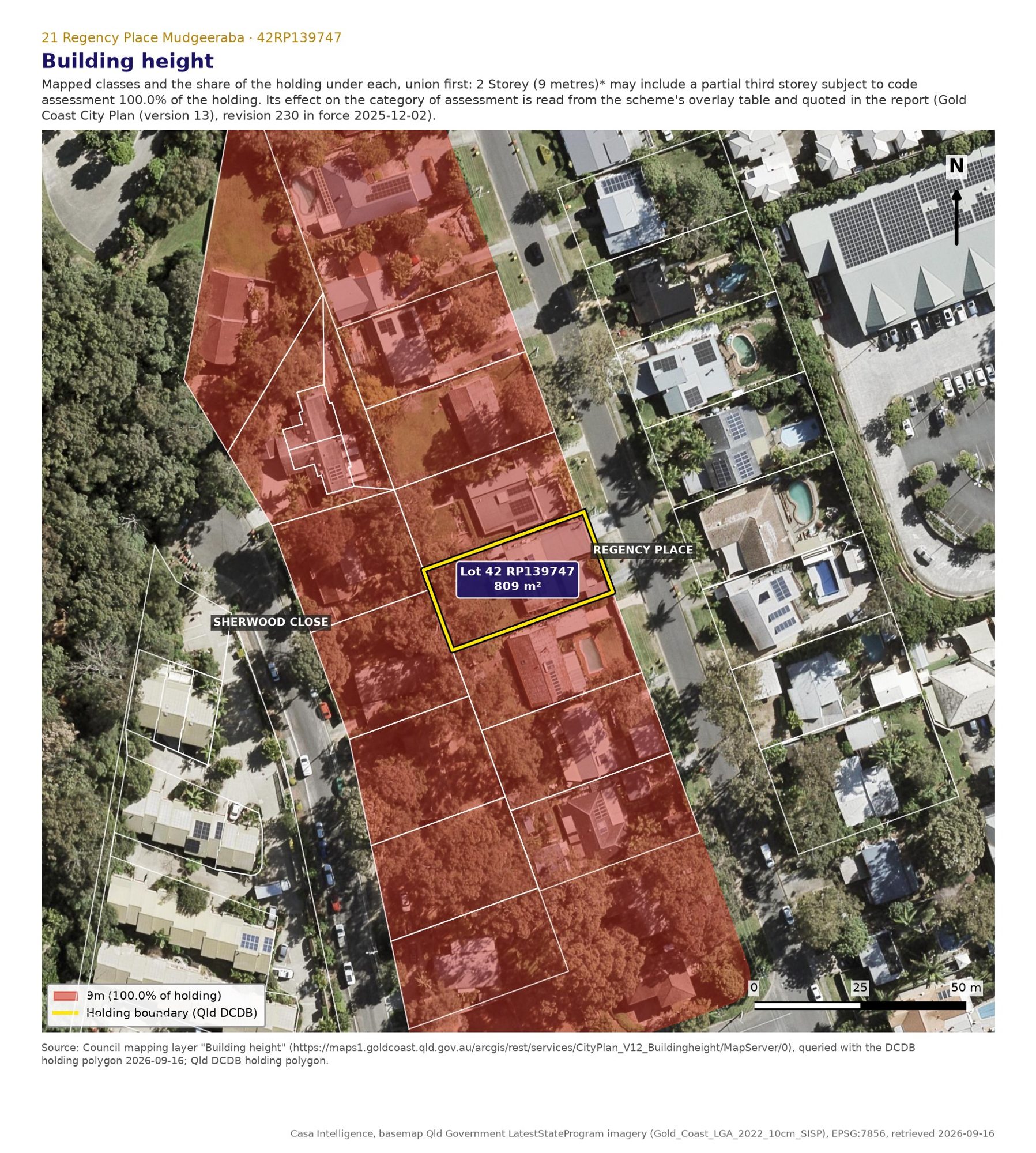 Building height overlay: 2 storeys and 9 m over 100 per cent of the lot. Height has no acceptable outcome, so the two storey form drawn in this report is the form the map supports.