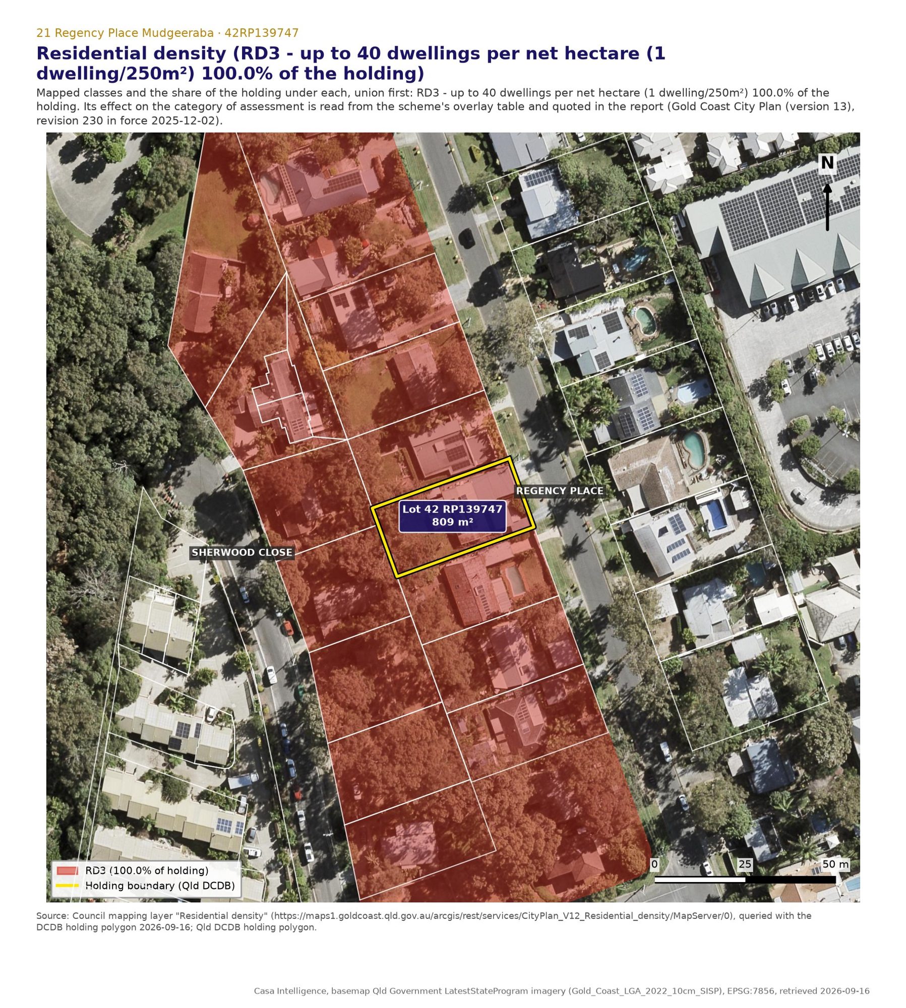 Residential density overlay: RD3, up to 40 dwellings per net hectare, that is one dwelling per 250 m2, over 100 per cent of the lot. This is the figure the density performance outcome (rule 16588) ties the yield to, and it is what limits this block to 3 dwellings.