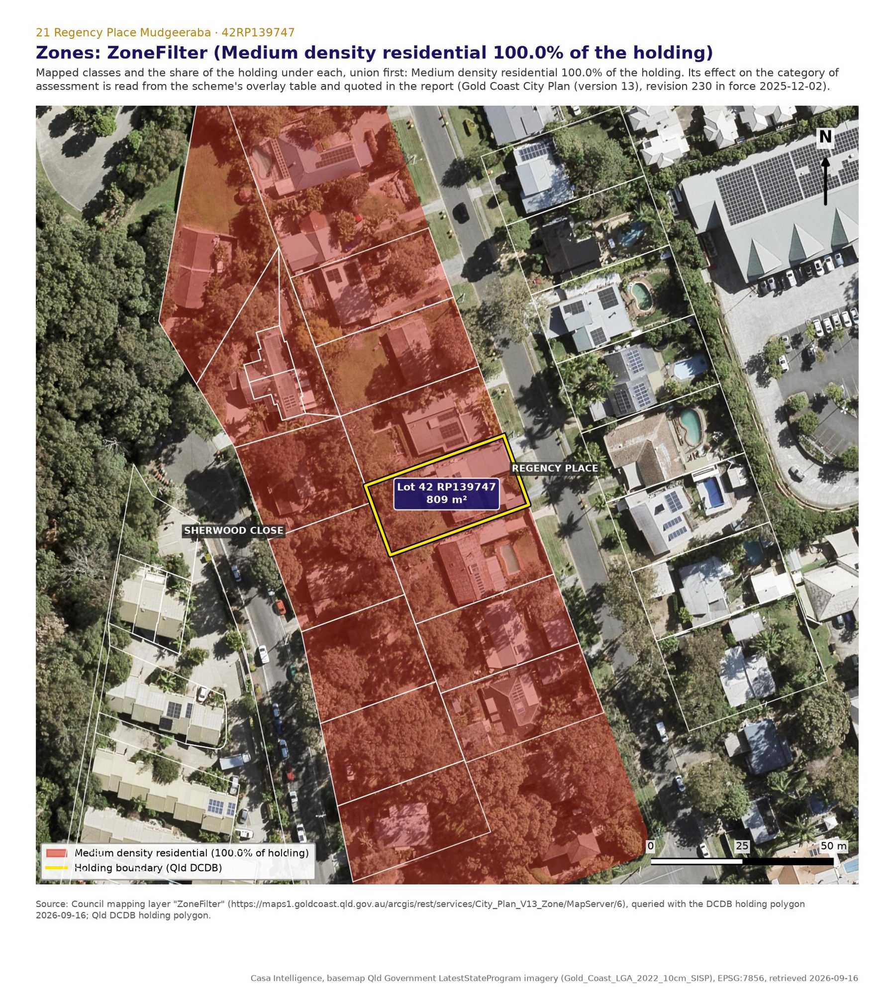 Zone: Medium density residential over 100 per cent of the lot, and over every adjoining lot, from Council's zone layer queried against the lot boundary.