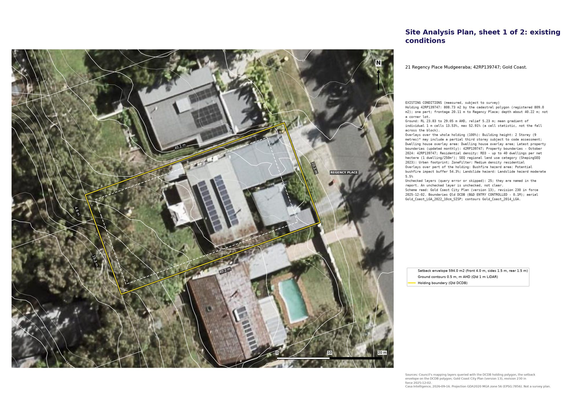 Site analysis sheet: the existing conditions, levels, boundaries and the neighbouring pattern of development, drawn on the cadastral polygon.